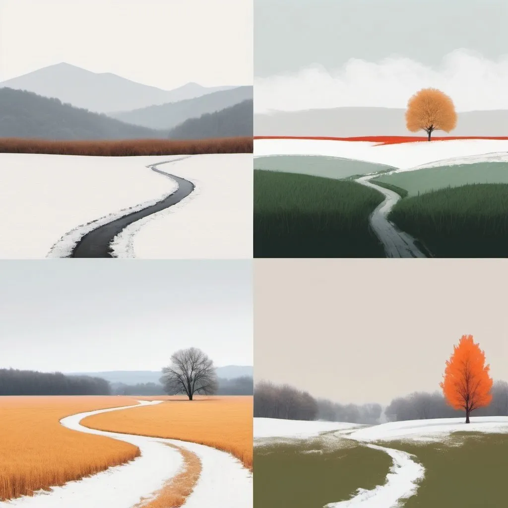 Prompt: minimalist landscape drawiing brushstroke style in 4 different season in one picture
