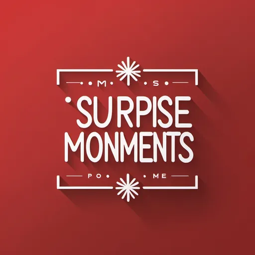 Prompt: A clean and minimalist logo with the words 'Surprise Moments' in sleek, modern font. The text is placed around or above a stylized brush or camera icon. The color scheme is red and white to emphasize a festive and celebratory atmosphere. The overall design is elegant and simple, capturing the joy of gift-giving.