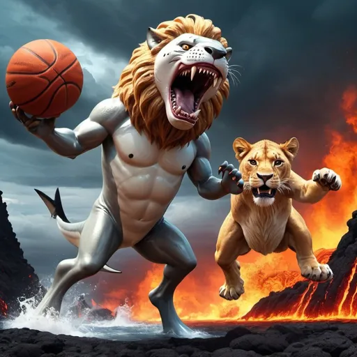 Prompt: Cool shark playing basketball against a lion over lava