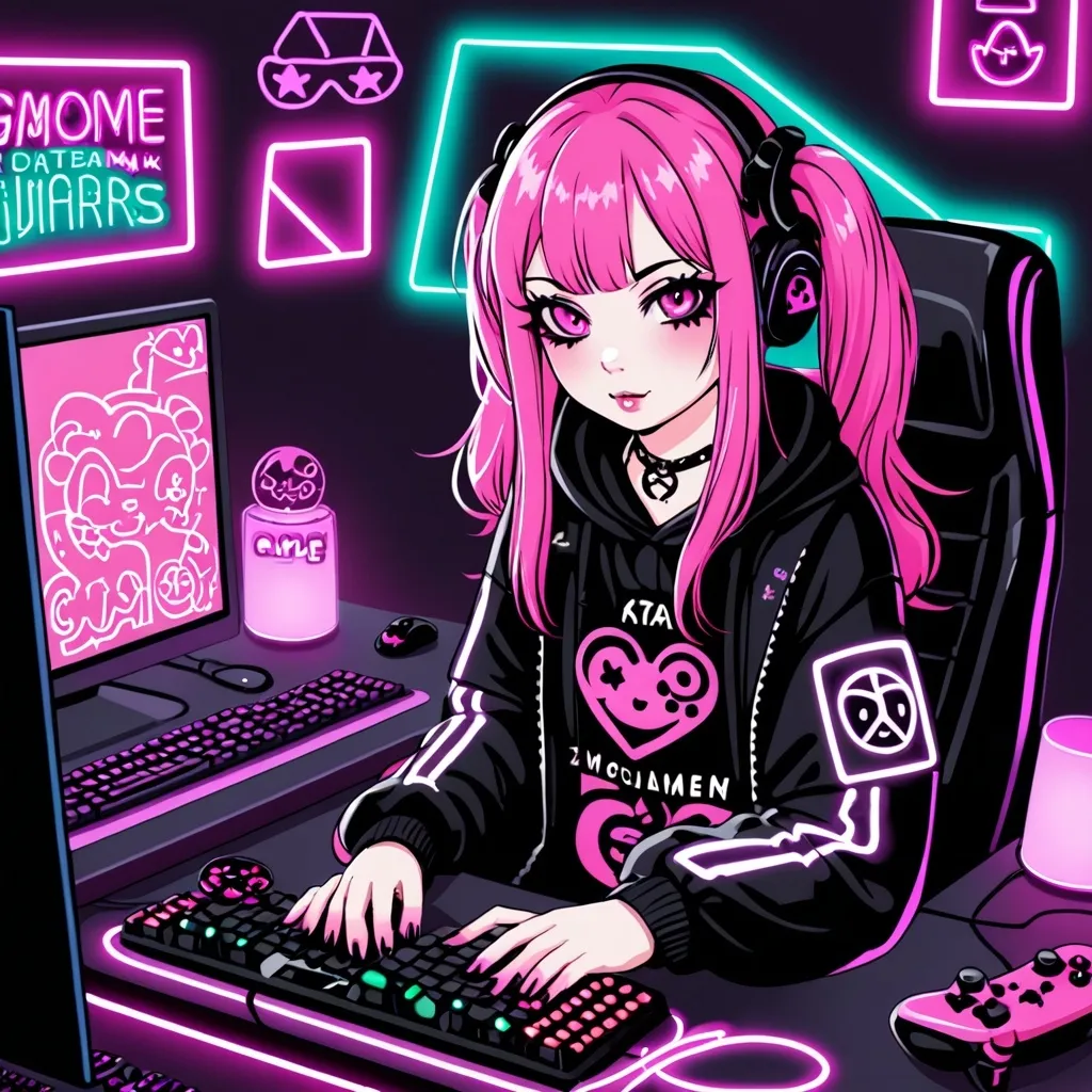 Prompt: kawaii pink haired goth gamer girl, pink set up, neon lights