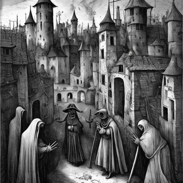 Prompt: Surreal line art of a medieval village with the Black Death, plague doctor, by Francisco Goya and Hieronymus Bosch, monochromatic palette <lora:Macabre:1.0>