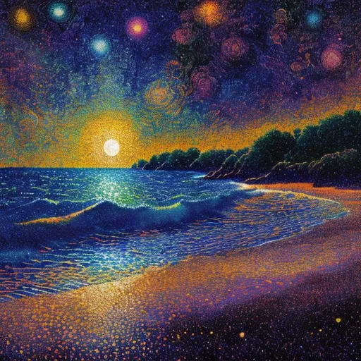 Prompt: Celestial cosmic sky shining down on a moonlit beach, batik pointillism, in The style of Greg Rutkowski and Ginette Callaway