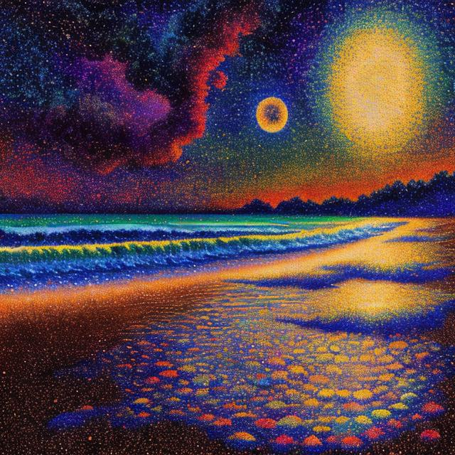 Prompt: Celestial cosmic sky shining down on a moonlit beach, batik pointillism, in The style of Greg Rutkowski and Ginette Callaway