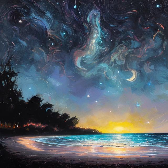 Prompt: Celestial cosmic sky shining down on a moonlit beach, in The style of Greg Rutkowski and Ginette Callaway