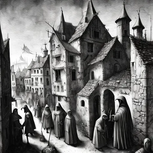 Prompt: Surreal line art of a medieval village with the Black Death, plague doctor, by Francisco Goya and Hieronymus Bosch, monochromatic palette <lora:Macabre:1.0>