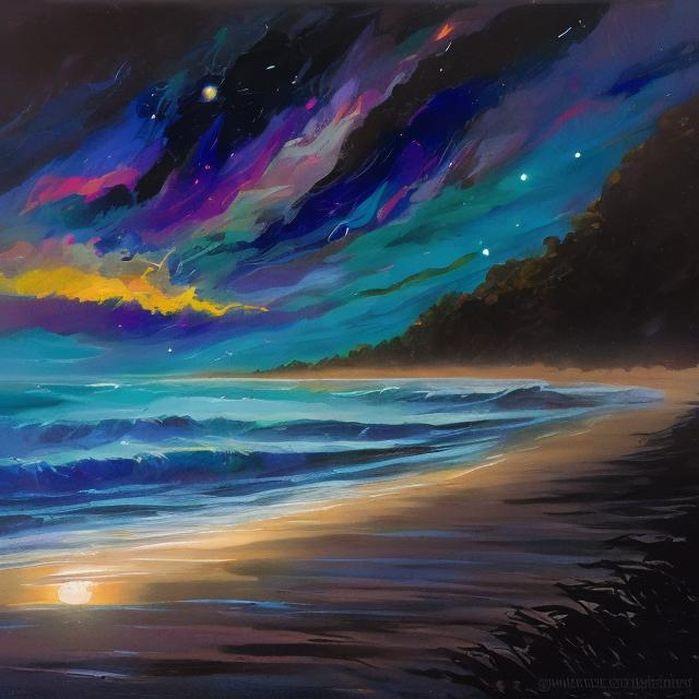 Prompt: Celestial cosmic sky shining down on a moonlit beach, in The style of Greg Rutkowski and Ginette Callaway