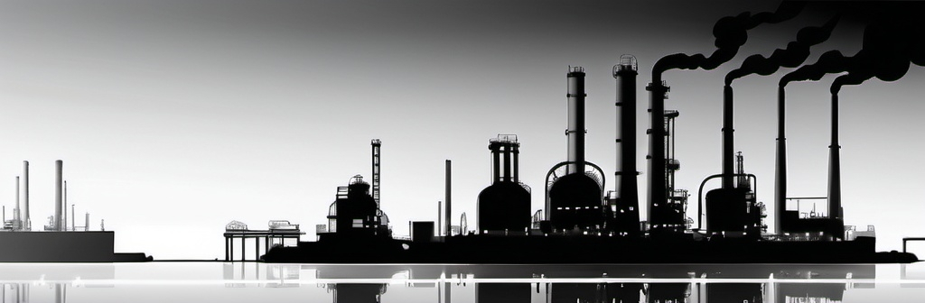 Prompt: 2d conceptual drawing photo of a refinery in horizon. in black and white.