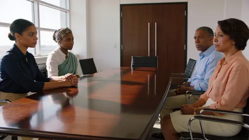Prompt: A quiet conference room in a modern Abuja law firm. The room has large windows with soft daylight filtering in, white walls, and a polished dark wooden rectangular table with matching chairs. A sleek wooden door is closed behind them. Ariel, 24 years old, light brown skin, wears a navy-blue blouse and beige skirt, hair neatly tied back. Grace Adams, 28 years old, medium brown skin, wears a faded green wrapper and a simple white blouse, hair tied with a patterned headscarf. Mr. Williams, 50 years old, light brown skin, wears a pale blue button-down shirt and beige trousers, looking nervous and ashamed. Mrs. Laura Williams, 50 years old, light brown skin, wears a soft peach blouse and cream skirt, tears running down her face. Ariel holds her mother’s hands tightly. The atmosphere is heavy, tense, emotional, with soft shadows cast across the polished wooden table and chairs.