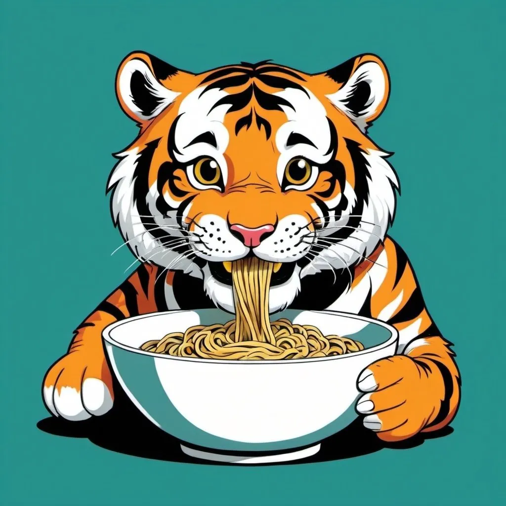 Prompt: Cute tiger eating from a bowl. Pop art. Happy tiger. Using hans to eat. Noodle from the bowl. Contrasting colours 