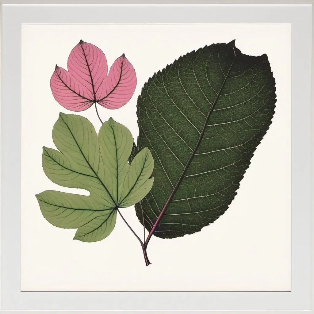 Prompt: botanical or leaf print green black and pink with white mount border