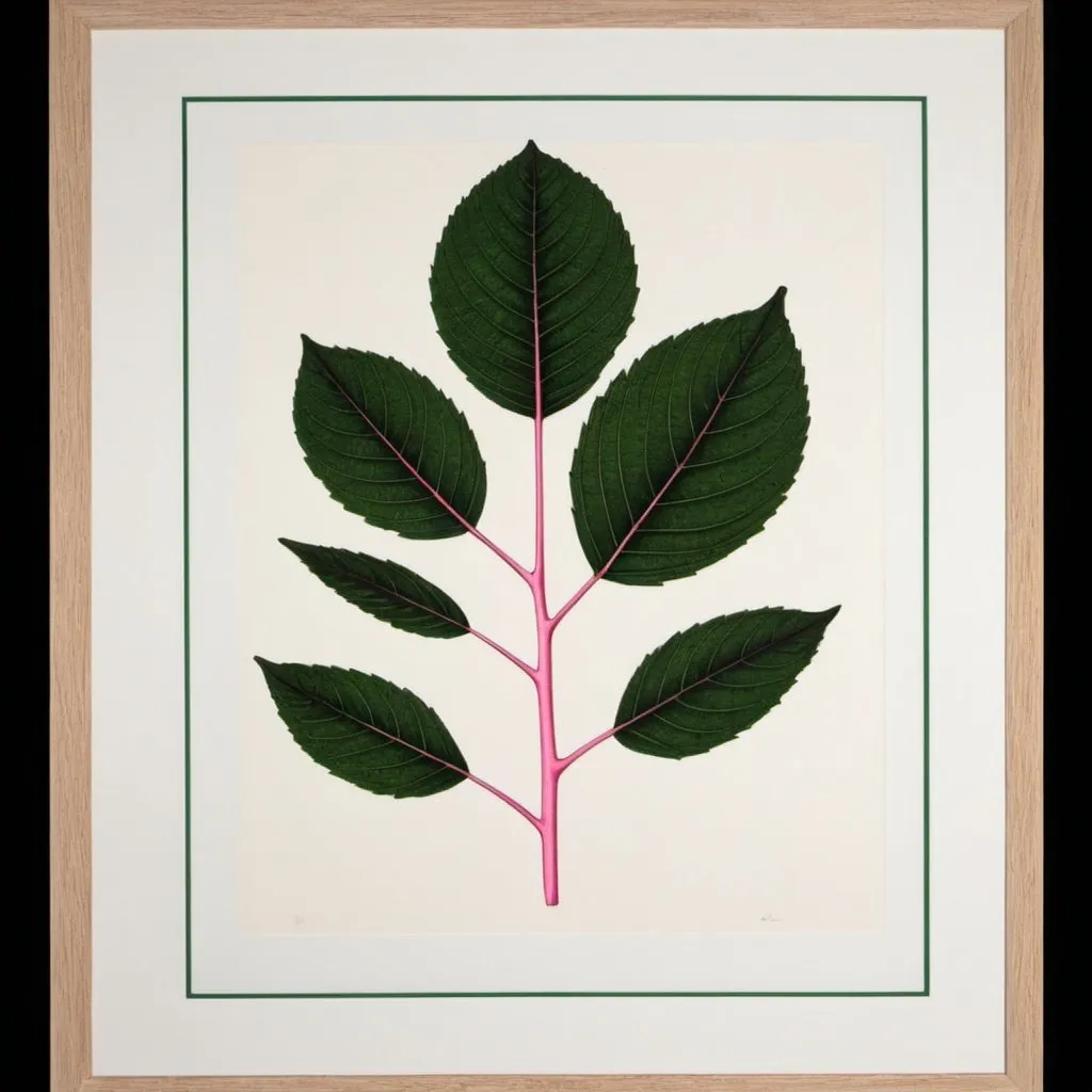 Prompt: botanical or leaf print green black and pink with white mount border