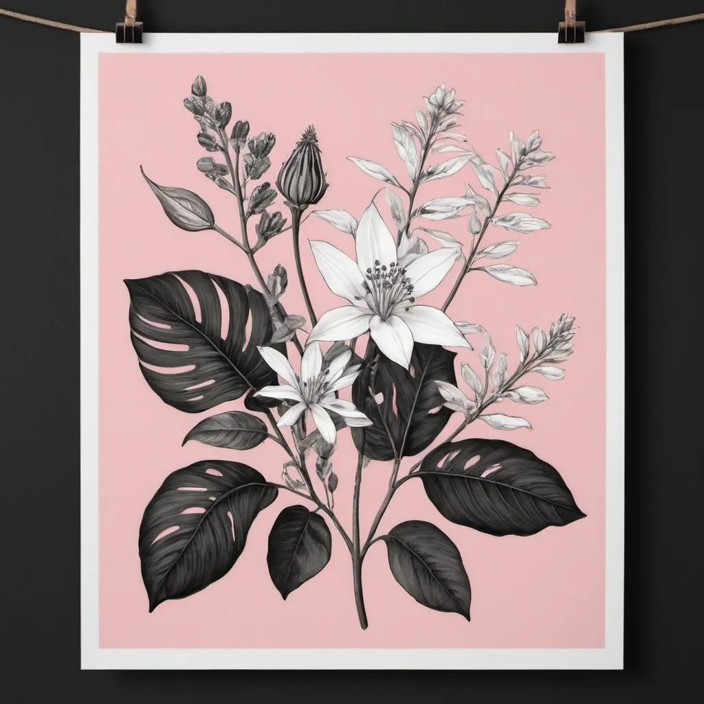 Prompt: realistic botanica print. black, white or pink background  