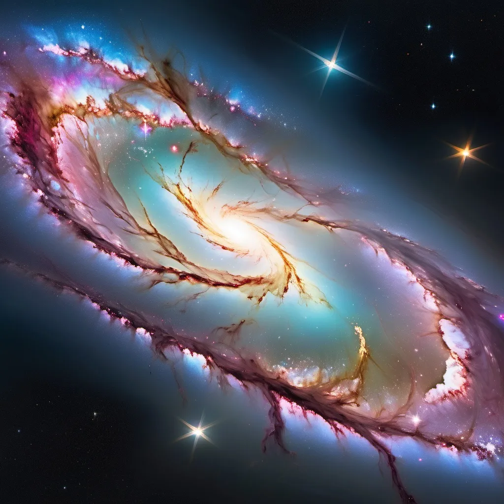 Prompt: a very large and colorful galaxy in the sky with stars around it and a bright light shining on the side of the galaxy, El Greco, space art, galaxy, a microscopic photo