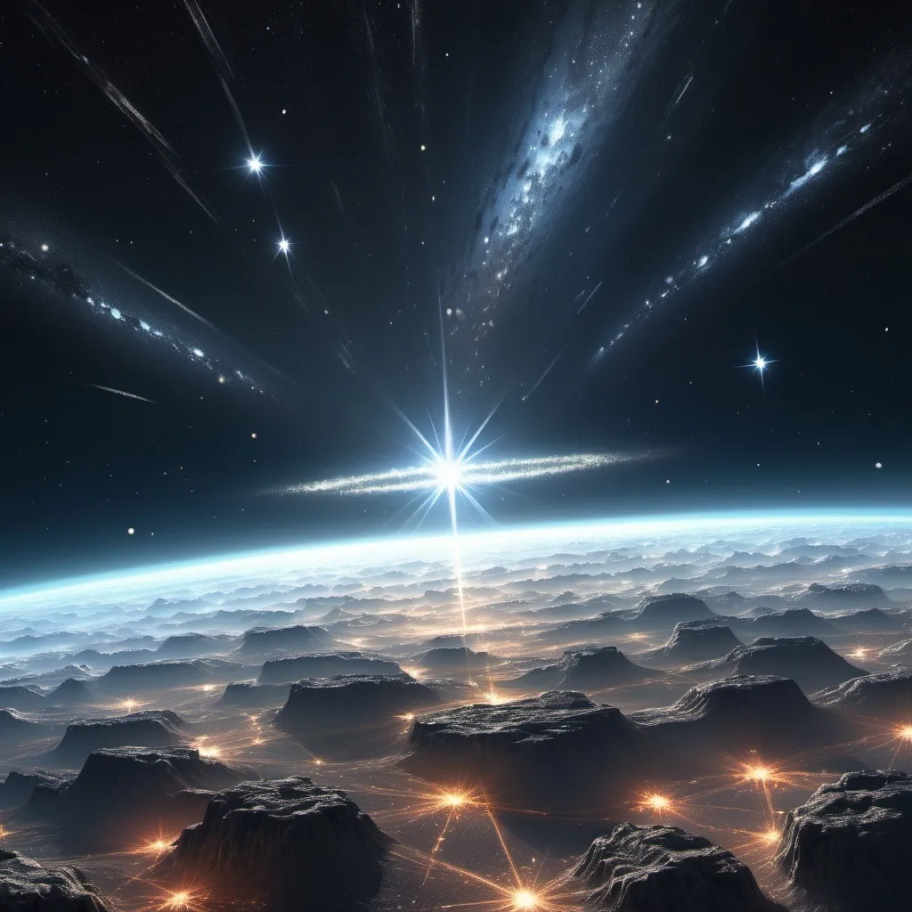 Prompt: a very large star filled sky with lots of stars on it's side and a bright light shining on the center, Boleslaw Cybis, space art, space, a detailed matte painting