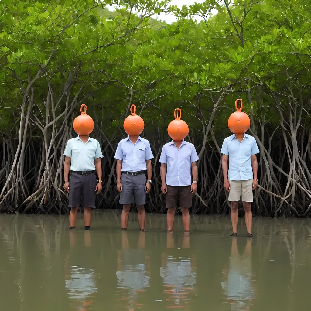 Prompt: 4 men with with heads that are bouy's  standing on mangrove island