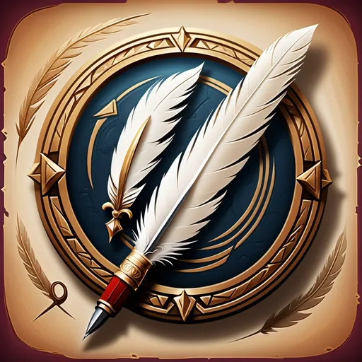 Prompt: A dynamic, competitive, fantasy-themed icon. A powerful quill and a classic pen clashing together, surrounded by ancient Greek and Phoenician letters. The background should evoke a sense of mystery and power. The overall style should be bold and striking, reminiscent of classic fantasy game logos. The text "LINGUE CLASH" should be prominently displayed in a bold, stylized font.