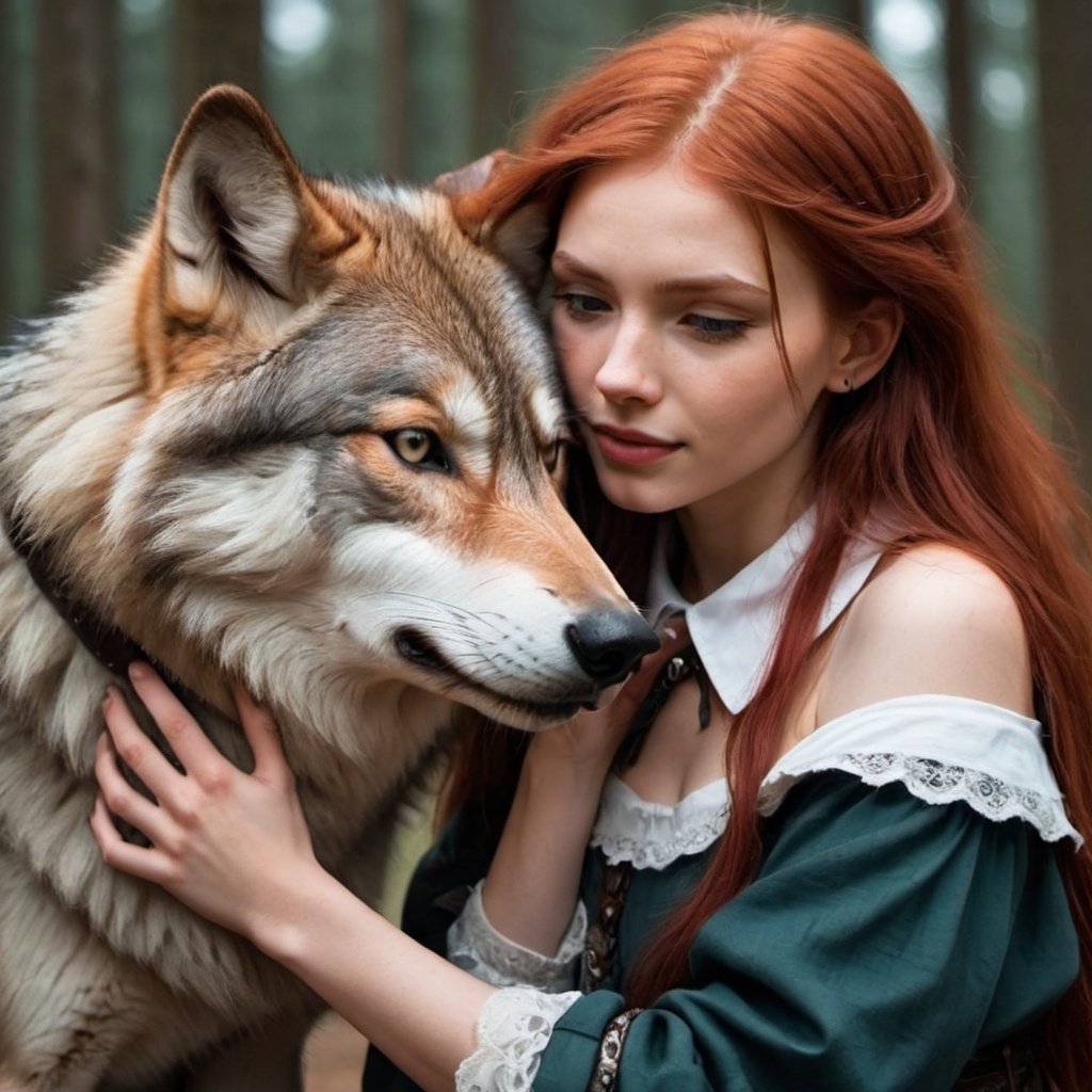 A gorgeous red hair girl patting/hugging a wolf but...