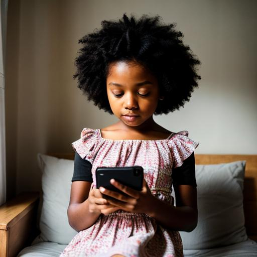 Prompt: A afro 10 year old girl who is looking at her phone