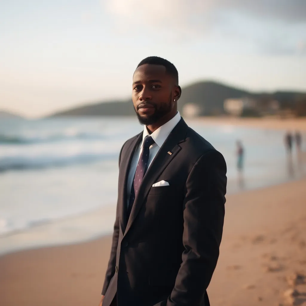 Prompt: black man wearing a suit in a beach