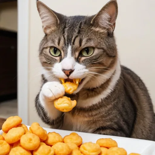Prompt: a cat eating cheese puffs