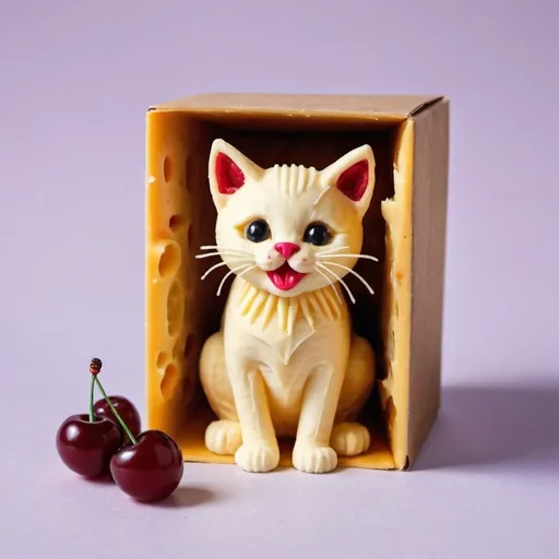 Prompt: make a kitten in a box made out of cheese and eating a cherry

