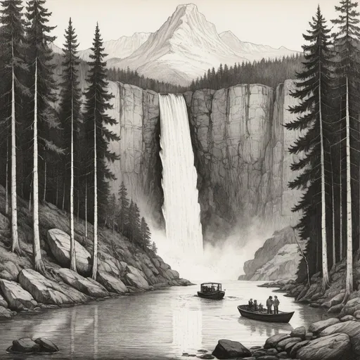 Prompt: a line etching of a waterfall leading to a river full of rocks in the foreground with
tall fir trees leading into a forest in the background, with mountains obscuring the sky with a boat floating down river carrying a father and son