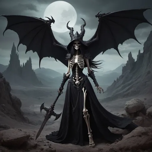 Prompt: dark witch, dark fantasy, evil, dragon, skeleton, valley of death