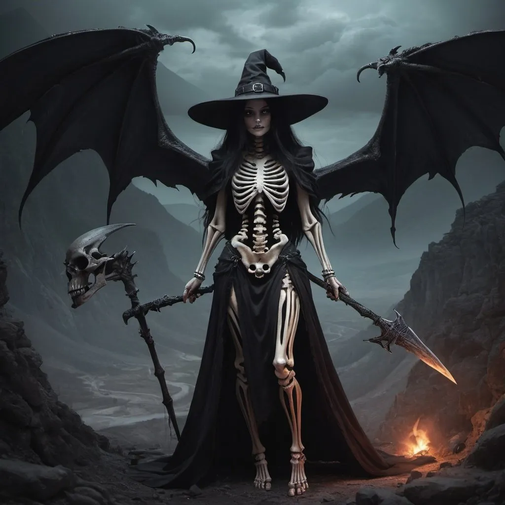 Prompt: dark witch, dark fantasy, evil, dragon, skeleton, valley of death