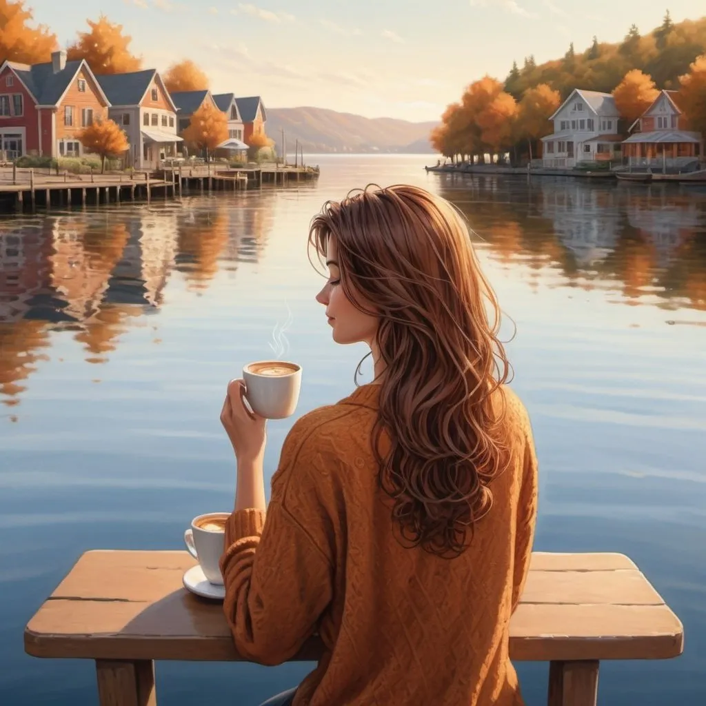 Prompt: Woman enjoying coffee, her back to us, serene waterfront view, warm colors, cozy atmosphere, detailed hair and clothing, high quality, cartoon, peaceful, relaxed, natural lighting, detailed coffee cup, detailed ripples on the water, calm and tranquil, cozy attire, comfortable seating, detailed facial features, serene atmosphere, waterfront view