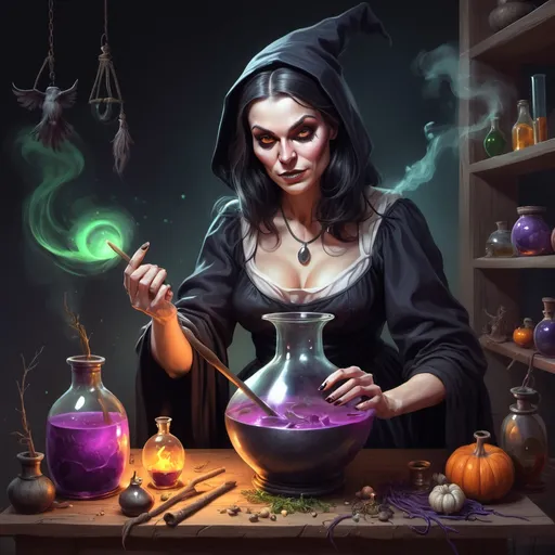 Prompt: Portrait of a witch mixing magic potion, Genrih Valk illustration