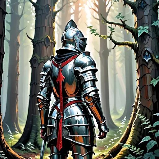 Prompt: a knight in mystical armor gazing into horizon, in a forest of giant trees.
