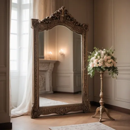 Prompt: A short-width mirror for shooting sideways within a palace or villa for newlyweds with flowers or dim lights and a candlestick.