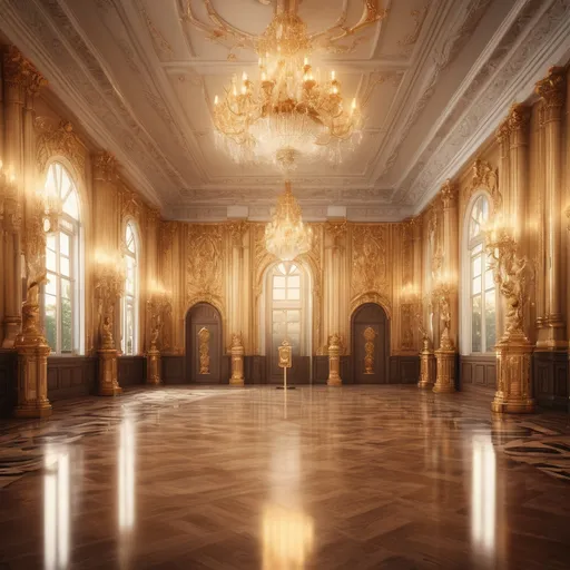 Prompt: "Create a photorealistic digital illustrations.Speaking Hall – golden tones, vintage microphones, mirrors reflecting speech, vibrant and expressive. The image should depict the interior of one hall within a grand palace of language learning. The style must be realistic (not cartoon or fantasy). The hall represents a language skill, and should be designed with distinct atmosphere, lighting, and symbolic elements