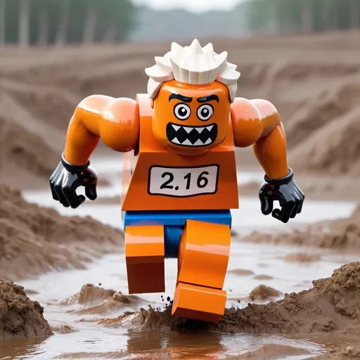 Prompt: 3d Lego monster running in a tough mudder race