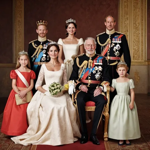 Prompt: a royal family with an older king and queen, with three middle aged children-one female, and two males