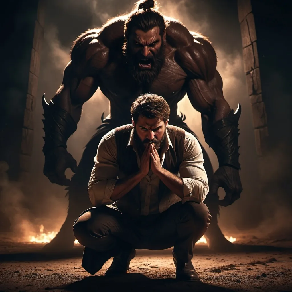 Prompt: A man on his knees, (powerful expression), brown beard and brown hair, struggling against the (malevolent demon) emerging from his back, dark and sinister details, moody lighting casting deep shadows, (intense atmosphere) filled with conflict and turmoil, background featuring a bleak landscape, high tension, 4K resolution, ultra-detailed.