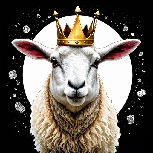 Prompt: a sheep wearing a crown in the front, random objects behind, artistic, surrealism, funny, tattoo