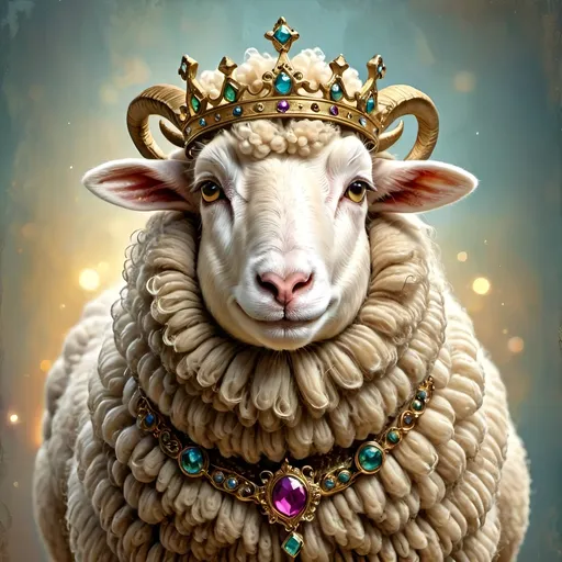 Prompt: High-quality digital illustration of a regal bipedal sheep wearing a majestic crown, intricate wool texture with realistic details, vibrant colors, whimsical fantasy style, golden lighting, detailed facial expression, ethereal atmosphere, fantasy, whimsical, regal sheep, crown, detailed wool texture, vibrant colors, golden lighting, digital illustration, high quality