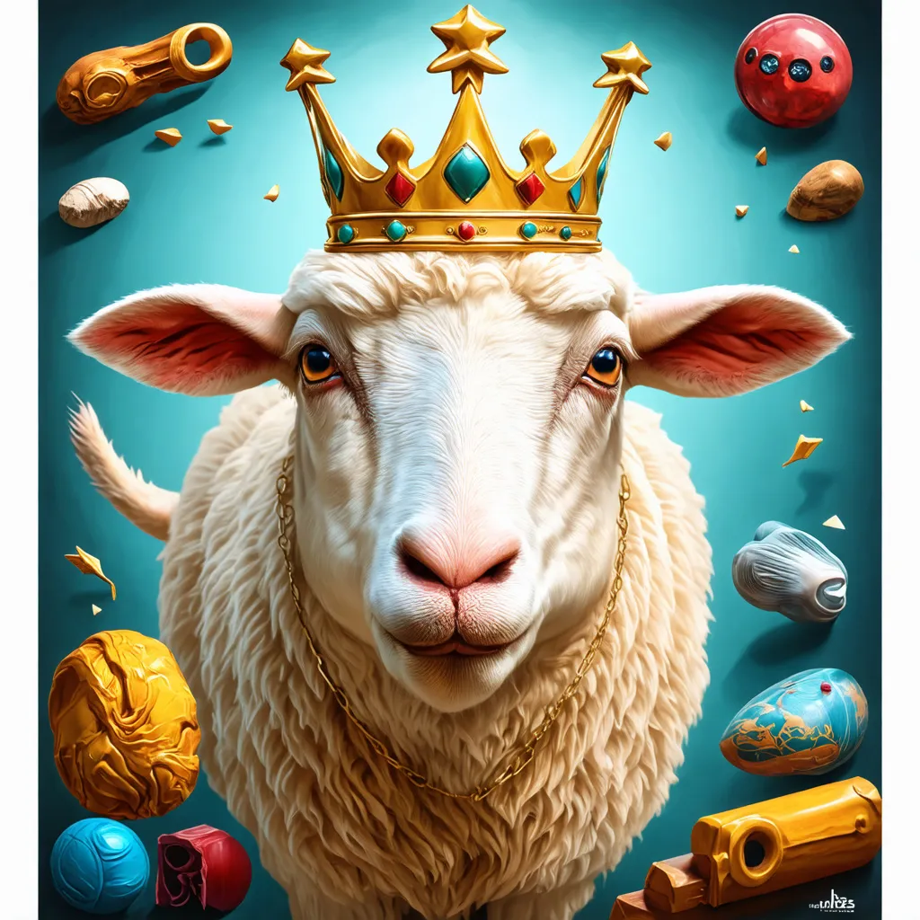 Prompt: a sheep wearing a crown in the front, random objects behind, artistic, surrealism, funny, tattoo