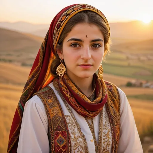 Prompt: Kurdish girl in traditional clothing, vibrant and warm color palette, detailed embroidery on clothing, flowing and ornate headscarf, golden hour lighting, traditional rural setting, high quality, detailed, cultural, warm tones, embroidered details, traditional attire, golden hour lighting, rural landscape