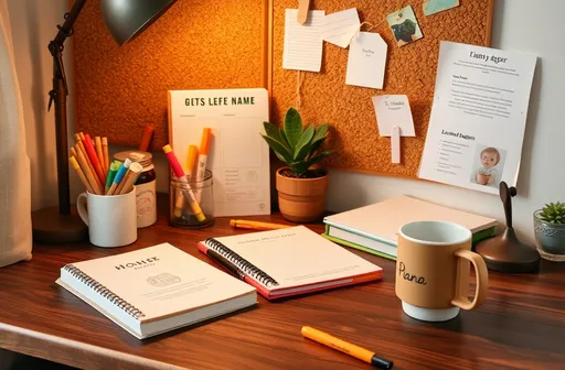 Prompt: A cozy study desk setup with eco-friendly stationery, including recycled paper notebooks, cork bulletin boards, plant-based highlighters, and a reusable coffee cup. Soft, warm lighting and earthy tones create a calming atmosphere, promoting focus and productivity.