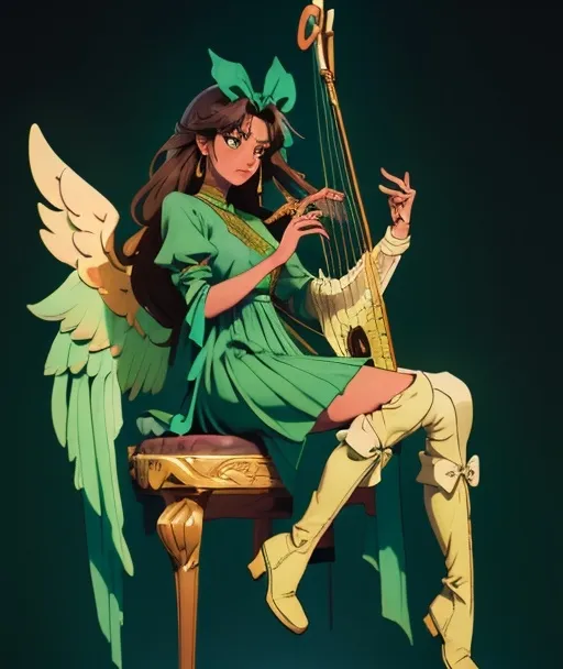 Prompt: A woman with brown skin and long teal hair, green princess type dress with golden flower bow at the hip and ruffles, knee high elegant gold and green boots, pure white angel wings on back, sitting crosslegged, playing music on a harp, masterpiece, best quality, intricate, calm, 4k