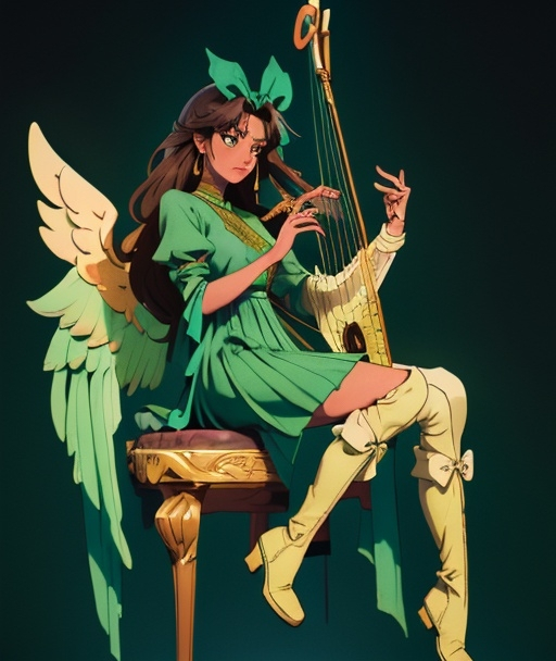 Prompt: A woman with brown skin and long teal hair, green princess type dress with golden flower bow at the hip and ruffles, knee high elegant gold and green boots, pure white angel wings on back, sitting crosslegged, playing music on a harp, masterpiece, best quality, intricate, calm, 4k