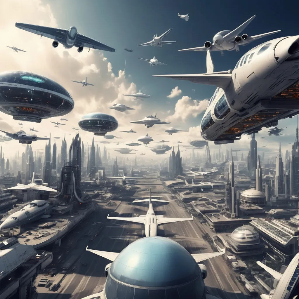 Prompt: a world from the future surrounded by tons of aircrafts
