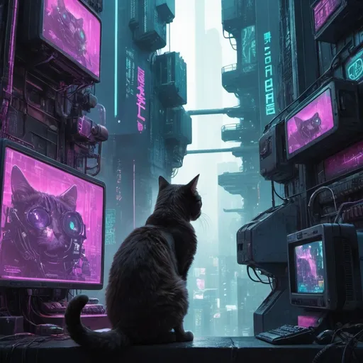 Prompt: A cat looking into a cyberpunk type world 