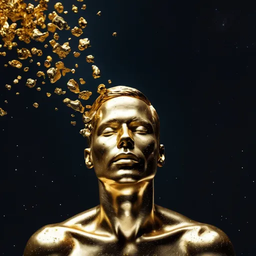 Prompt: A man made of gold floating threw space
