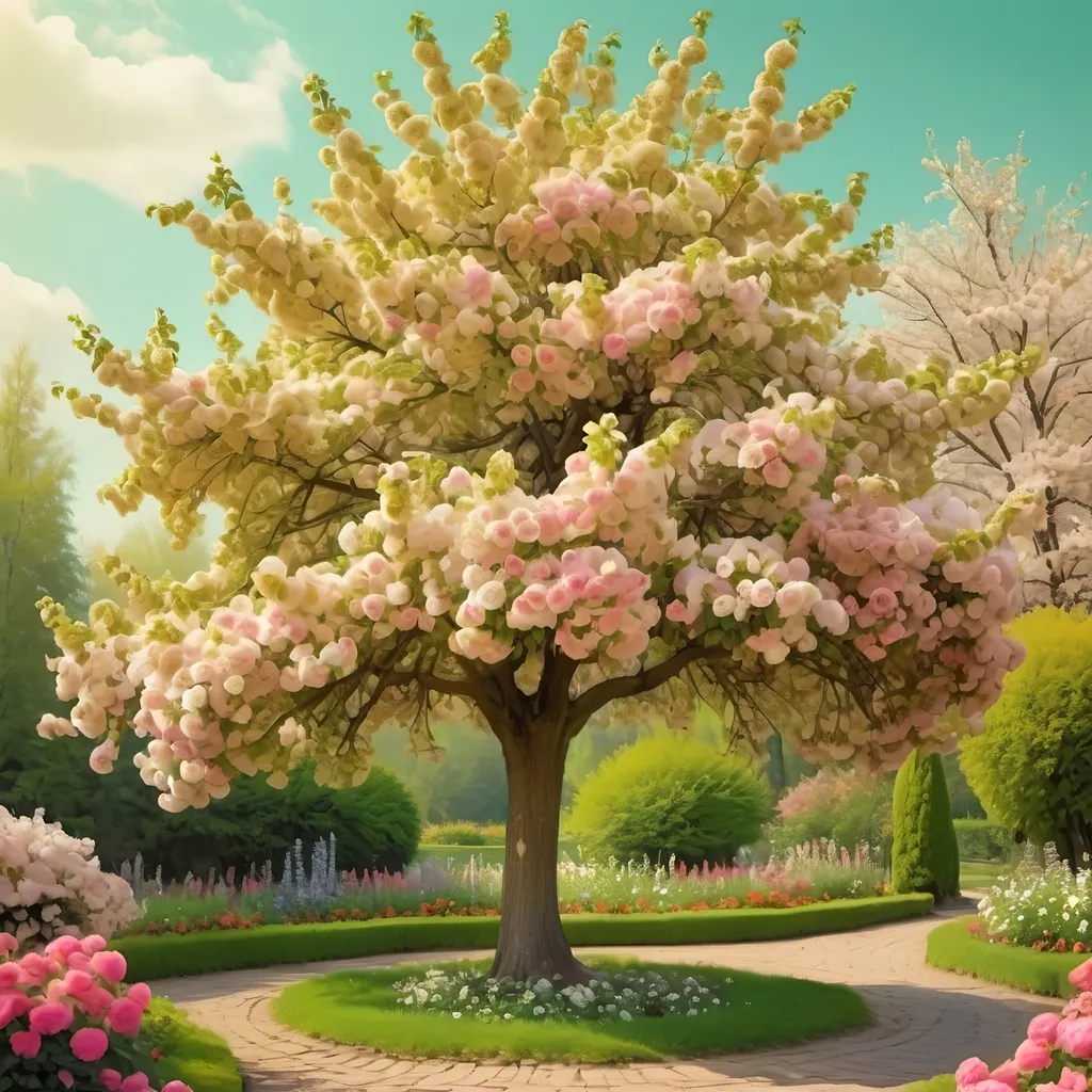 Prompt: picture  suitable for printing: beautiful blooming tree, in flower garden 
positive   colors high resolution rococo style art
apart from other colors use beige green and gold