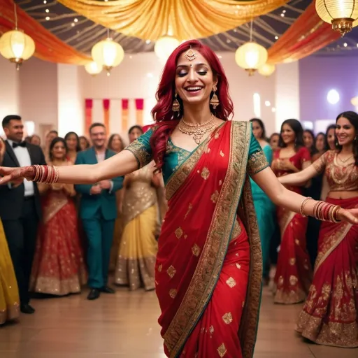 Prompt: A beautiful Indian woman with bright red hair in a red and gold sari dancing at an Indian wedding