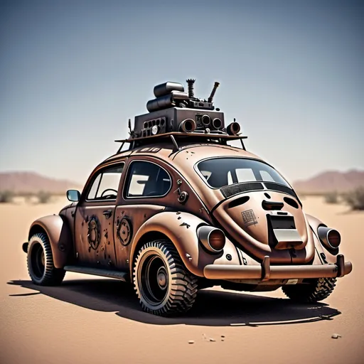 Prompt: 1970 vw beetle post apocalyptic cyberpunk desert 