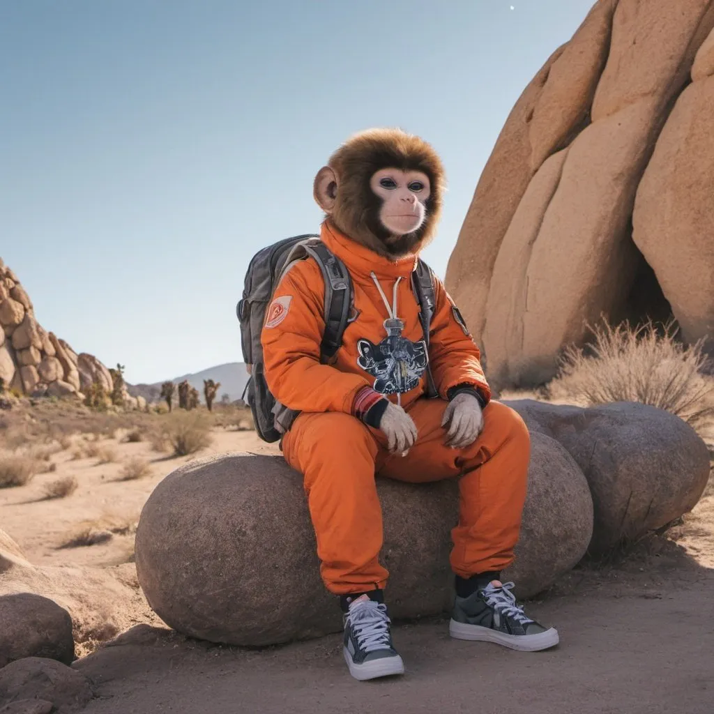 Prompt: Kid Wanga electronic music album art with a and a canadian space monkey in joshua tree national park